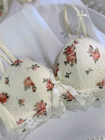 Sujetador push up de ropa interior femenina, inalambrico, comodo y transpirable, con estampado floral pequeno encantador, borde de encaje y decoracion de lazo