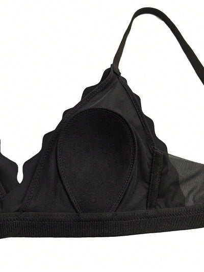 Sujetadores franceses sexys con copa triangular para ninas, acolchado fino y suave, transpirable, ajustado, color negro, sin cables y con escote en V profundo