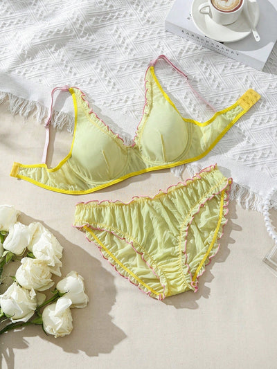 Conjunto de ropa interior de mujer de malla de encaje con diseno de empalme