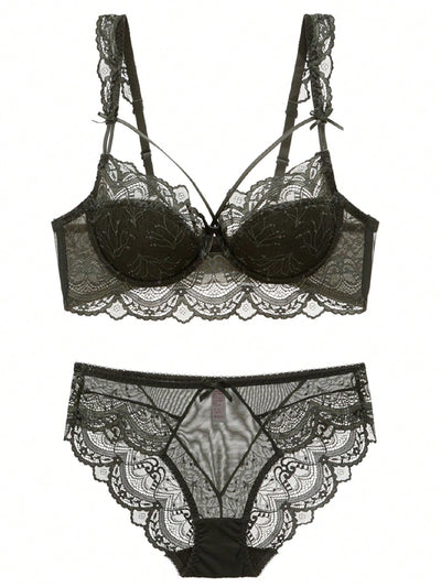 Conjunto De Brasier De Encaje De Mujer Y Lenceria Delgada Con Diseno De Cruz Y Correa De Encaje Sexy Que Te Hace Lucir Mas Delgada, Incluyendo Tangas, 2 Piezas / Conjunto