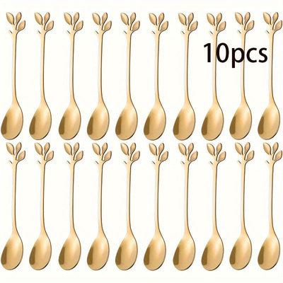 Juego de 10 cucharas para postres de acero inoxidable, diseño elegante de hoja, cucharitas para café, utensilios minimalistas para frutas y postres, ideal para fiestas y celebraciones, regalo para el Día de la Madre, Pascua, renovación primaveral, reunio