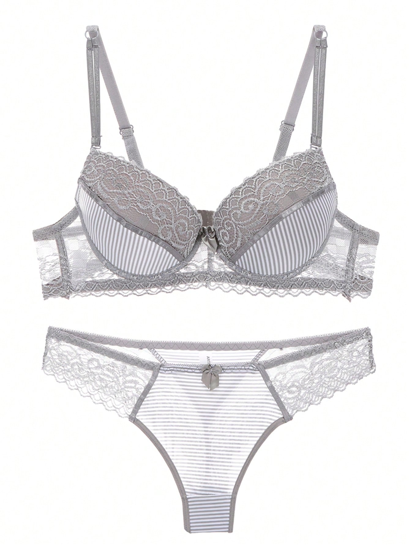 Conjunto de sujetador push up de encaje sexy para mujeres con rayas y braguitas triangulares