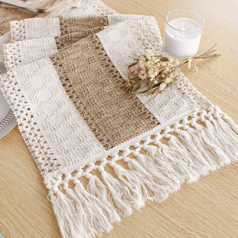 Corredor de mesa de lino rústico boho, 29.97 x 119.38 cm, macramé cuadrado con flecos, color crema y marrón, aroma natural, para comedor, sala, dormitorio, fiesta de despedida de soltera, decoración de cocina