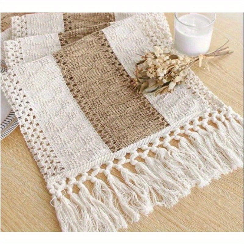 Corredor de mesa de lino rústico boho, 29.97 x 119.38 cm, macramé cuadrado con flecos, color crema y marrón, aroma natural, para comedor, sala, dormitorio, fiesta de despedida de soltera, decoración de cocina