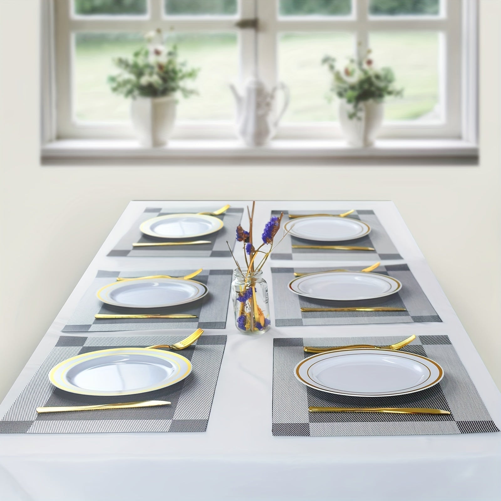6pcs Manteles Individuales Elegantes de PVC - Color Sólido, Resistentes al Calor, Tapetes para Mesa de Comedor, Diseño Rectangular con Detalle a Cuadros, Perfectos para Decoración del Hogar y Protección