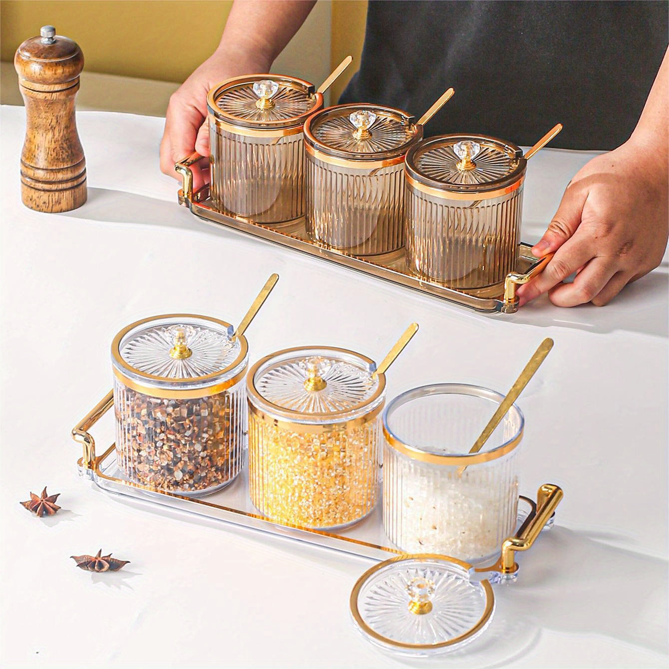 Conjunto de Condimentos Creativo para el Hogar y Cocina, Alta Belleza - 1 Bandeja con 3 Tarros y Cuchara