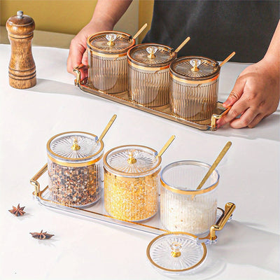 Conjunto de Condimentos Creativo para el Hogar y Cocina, Alta Belleza - 1 Bandeja con 3 Tarros y Cuchara