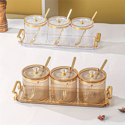 Conjunto de Condimentos Creativo para el Hogar y Cocina, Alta Belleza - 1 Bandeja con 3 Tarros y Cuchara
