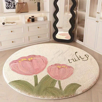 Alfombra redonda antideslizante lavable y esponjosa con patrón de tulipanes - Suave de poliéster para dormitorio, interior, alfombras de acento de escritorio, perfecta para decoración de graduación y 4 de julio, fabricada a máquina con respaldo de vinilo