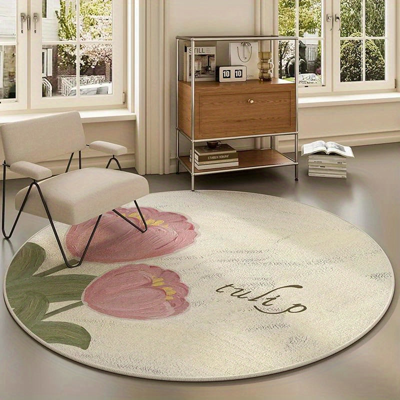 Alfombra redonda antideslizante lavable y esponjosa con patrón de tulipanes - Suave de poliéster para dormitorio, interior, alfombras de acento de escritorio, perfecta para decoración de graduación y 4 de julio, fabricada a máquina con respaldo de vinilo