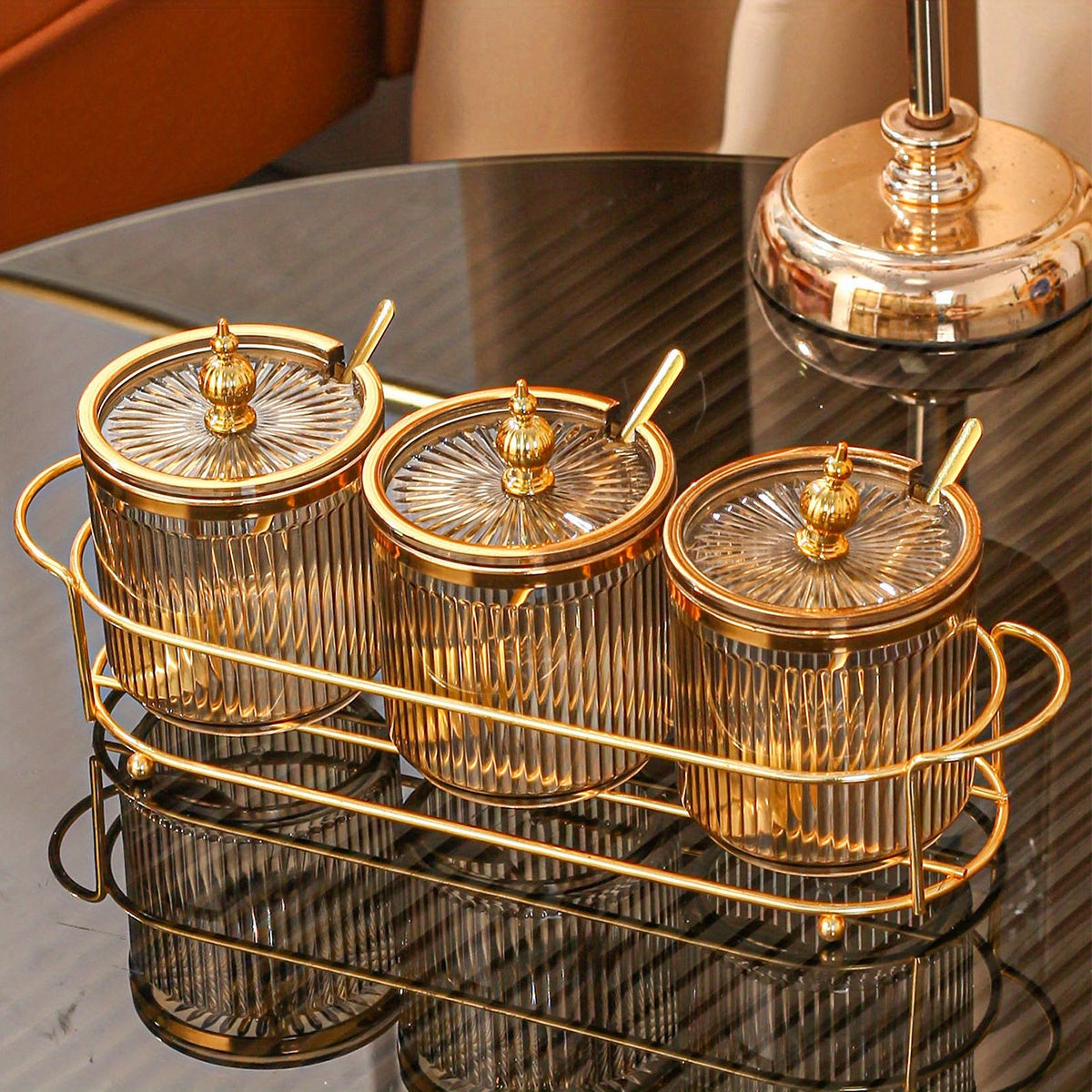 1 Set de Tarro de Condimento de Lujo Ligero para Cocina Almacenamiento de Aceite Sal Condimento Tarro de Almacenamiento 1 Estante 3 Tarros con Cuchara
