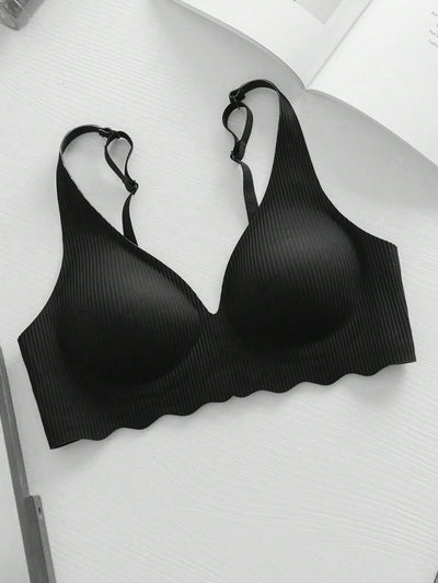NEW Mujeres Rayas Ropa interior sin costuras Sujetador bralette profundo en forma de V con diseno de Copa 3/4, lenceria femenina delgada acolchada y movil, sosten sin cables comodo e intimo en una sola pieza de color negro