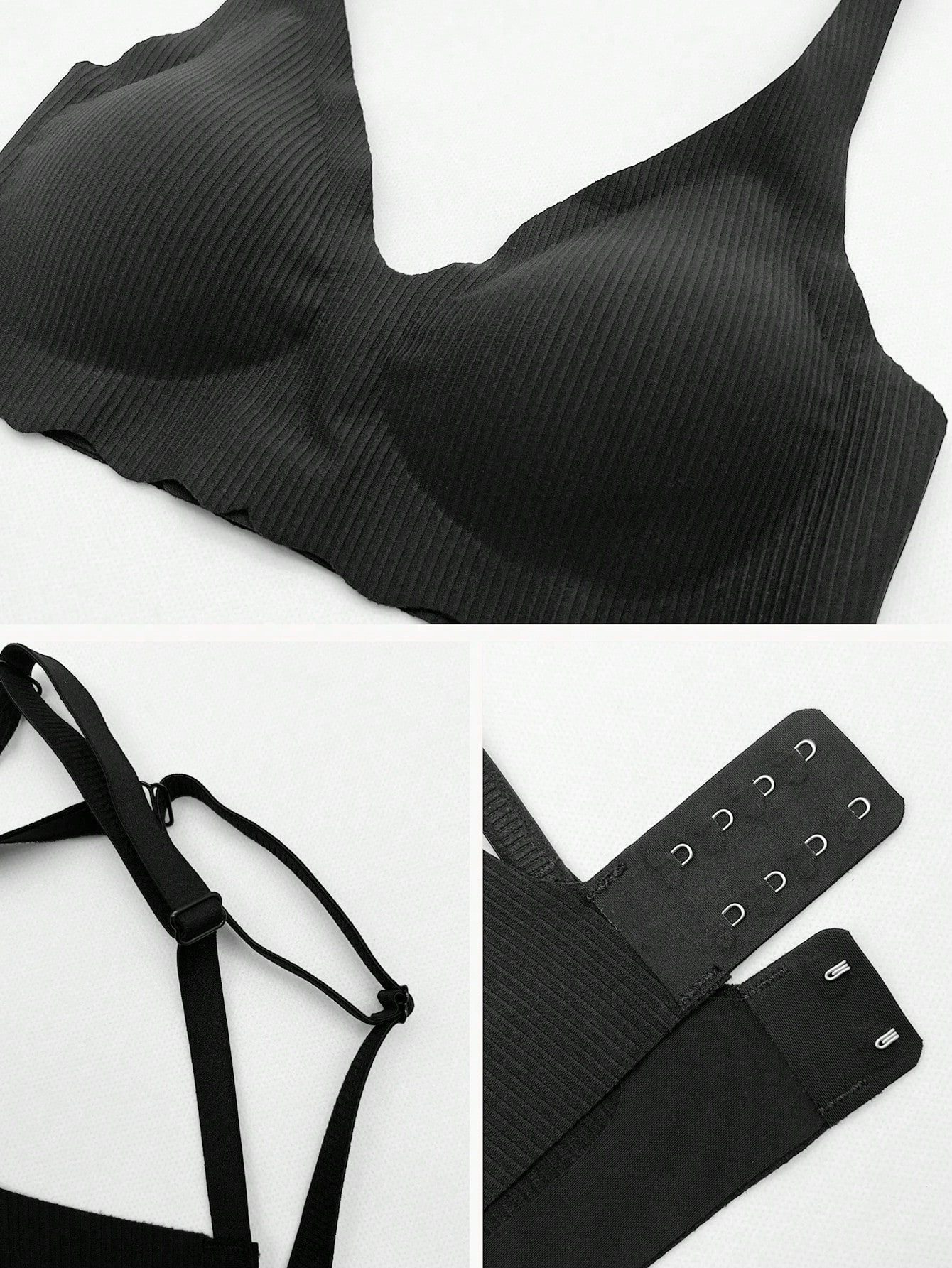 NEW Mujeres Rayas Ropa interior sin costuras Sujetador bralette profundo en forma de V con diseno de Copa 3/4, lenceria femenina delgada acolchada y movil, sosten sin cables comodo e intimo en una sola pieza de color negro