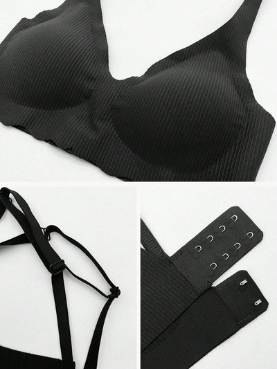 NEW Mujeres Rayas Ropa interior sin costuras Sujetador bralette profundo en forma de V con diseno de Copa 3/4, lenceria femenina delgada acolchada y movil, sosten sin cables comodo e intimo en una sola pieza de color negro