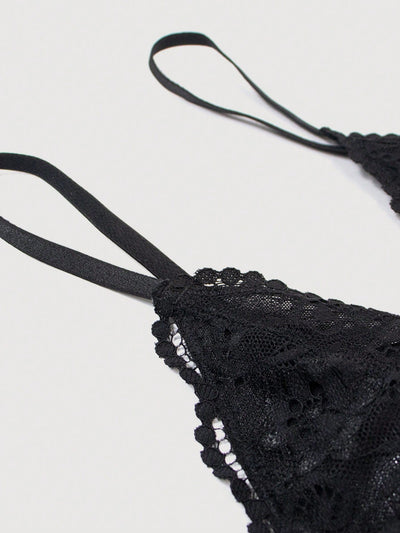 Sosten sexy y comodo de copa triangular de encaje negro para mujer con tirantes delgados