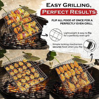 1-Pack Cesta para Parrilla de Acero al Carbono 38.1x81.28 cm - Resistente, Anticorrosiva y Gran Capacidad para Carne, Camarones, Verduras - Cocina al Aire Libre, Camping, Picnics - Mangos Ergonómicos y Distribución Uniforme del Calor