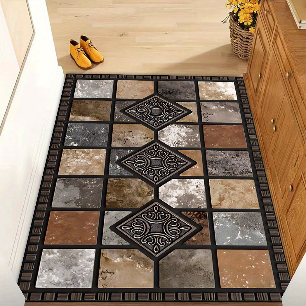 Alfombra de Entrada Lavable Antideslizante de Poliéster con Base de Goma, Diseño de Piedra Roja y Azulejo para Hogar, Jardín y Espacios Habitables - Varios Tamaños Máquina Hecha 19x31/23.6x35.4/31x47/47x62 pulgadas - Ideal para Decoración Rústica