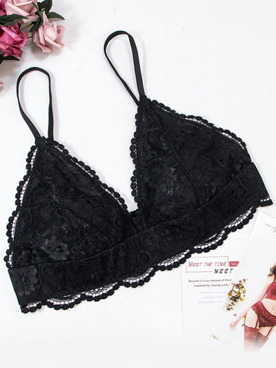 Sosten sexy y comodo de copa triangular de encaje negro para mujer con tirantes delgados