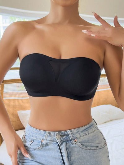 NEW Sujetador sin costuras y sin tirantes para mujer, sexy sujetador bandeau de malla calado con correas de hombro transparentes