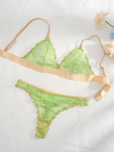 Conjunto de ropa interior verde fluorescente para mujeres con encaje transpirable y copa de triangulo inalambrico comodo de 2 piezas con bordes ondulados, que incluye Tangas