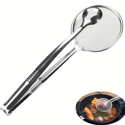 Juego de 2 piezas de pinzas de freír de acero inoxidable y colador, resistente al calor, diseño plegable de goteo de aceite para alimentos fritos más saludables, herramienta de cocina multiusos