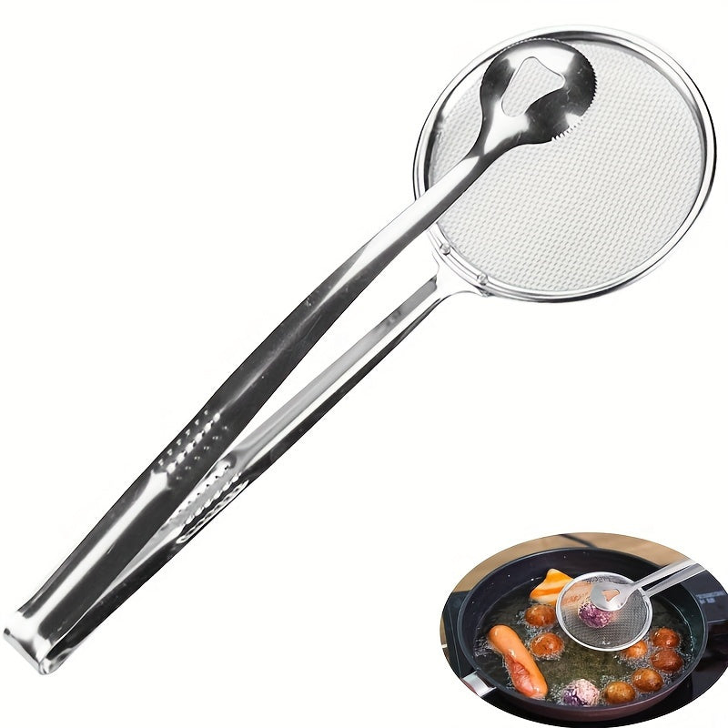 Juego de 2 piezas de pinzas de freír de acero inoxidable y colador, resistente al calor, diseño plegable de goteo de aceite para alimentos fritos más saludables, herramienta de cocina multiusos