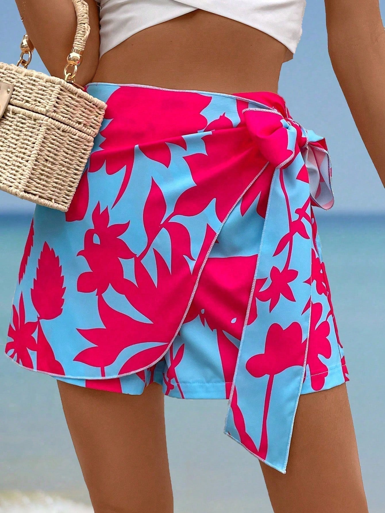 EMERY ROSE Mujeres de vacaciones Estampado de plantas Skort holgado de pierna ancha con lazo en la cintura
