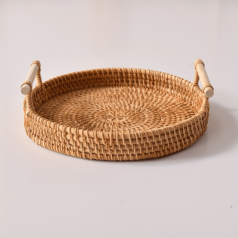 1 plato redondo de ratán natural - Ideal para Acción de Gracias, Navidad, Halloween, Pascua, Hanukkah y Acción de Gracias - Seguro para alimentos, acabado con aceite, perfecto para servir alimentos, accesorio de comedor | Plato de servicio elegante | Aca