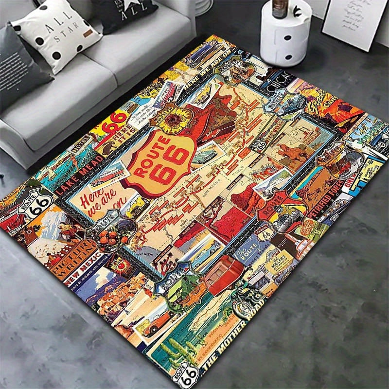 Cojín para Silla de Oficina con Diseño de Señal de Carretera Vintage de la Ruta 66 y Rompecabezas de Coche de Carreras - Alfombra Decorativa Grande de Poliéster, Regalo Perfecto para las Fiestas para el Hogar y el Dormitorio