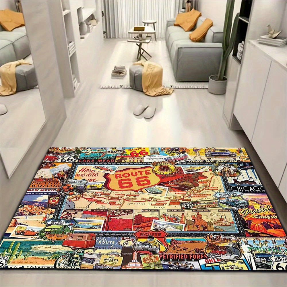 Cojín para Silla de Oficina con Diseño de Señal de Carretera Vintage de la Ruta 66 y Rompecabezas de Coche de Carreras - Alfombra Decorativa Grande de Poliéster, Regalo Perfecto para las Fiestas para el Hogar y el Dormitorio