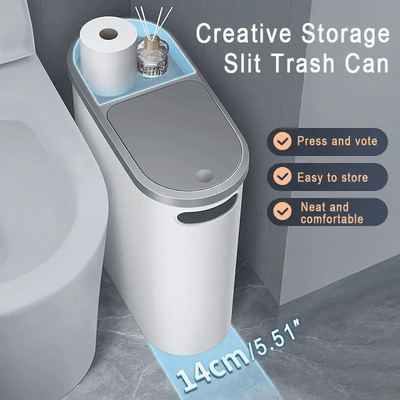 10L Cubo de Baño Delgado con Tapa Ranurada - Plástico Duradero, Diseño Compacto Ahorrador de Espacio, Apertura Sin Manos y Contención de Olores, Cesto Moderno para Baños Pequeños, Papelera Elegante y Estilizada