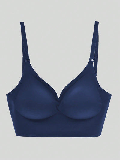 Brasieres traseros bajos sin respaldo para mujeres, ropa interior con escote profundo en V y realce push-up, sujetador sin costuras y transpirable con acolchado, adecuado para ninas con pechos pequenos en azul marino, lenceria
