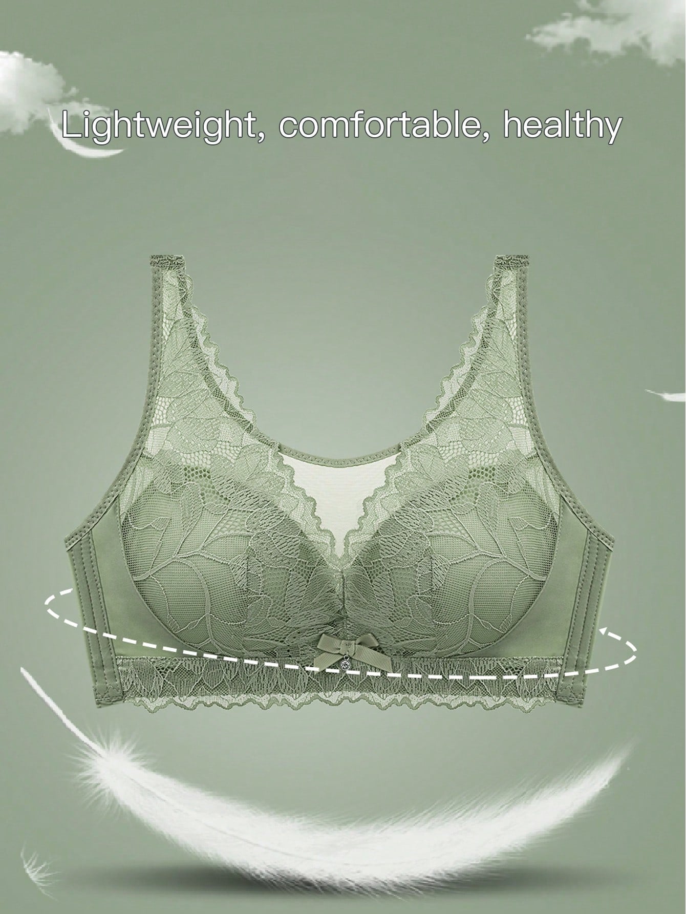 Sencillo Sujetador Inalambrico De Encaje Floral Solido Con Lazo, Sujetador De Cobertura Completa Comodo Y Transpirable, Lenceria Y Ropa Interior Para Mujeres