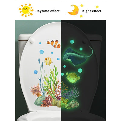 1pieza Calcomanía de inodoro iluminada Cartoon, patrón de mundo submarino de pez diablo coral, calcomanía autoadhesiva para pared, decoración de pared para dormitorio, entrada, sala de estar, porche