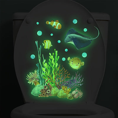 1pieza Calcomanía de inodoro iluminada Cartoon, patrón de mundo submarino de pez diablo coral, calcomanía autoadhesiva para pared, decoración de pared para dormitorio, entrada, sala de estar, porche