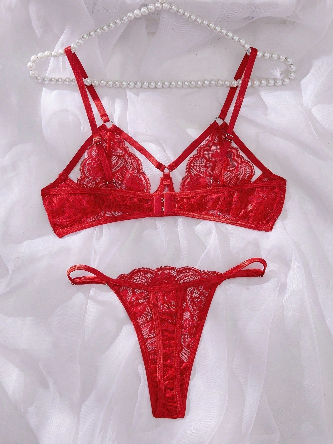 Conjunto de ropa interior para mujer con encaje y huecos, 2 piezas con soporte