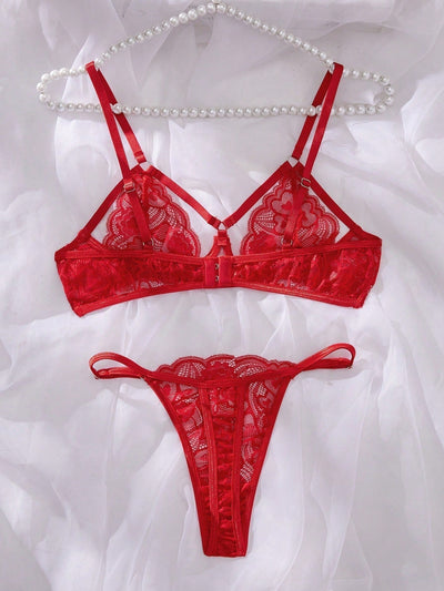 Conjunto de ropa interior para mujer con encaje y huecos, 2 piezas con soporte