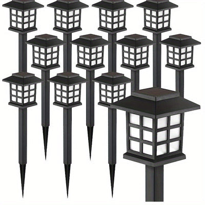 12-Pack LED Luces Solares para Jardín, Linternas de Estilo Plástico para Caminos, Batería de Níquel de 300 mAh, Antorchas de Estaca de Fácil Instalación para Pasarelas, Decoración de Jardines y Comunidades - Luz Blanca y Cálida