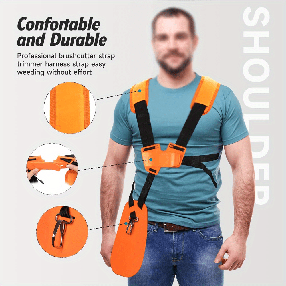 Soporte de hombro ergonómico ajustable para cortacésped y podadores - Correas duraderas naranja y negra, ajuste cómodo para el cuidado de césped al aire libre, no se necesita energía, accesorio de herramienta de jardín manual, diseño clásico, construcció