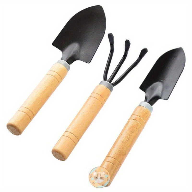 Juego de Herramientas para Jardín Miniatura de 3 Piezas - Mango de Madera, Pala Metálica para Plantar y Suculentas, Descompactación del Suelo, Envasado y Podado