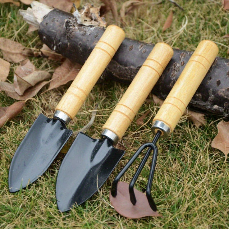 Juego de Herramientas para Jardín Miniatura de 3 Piezas - Mango de Madera, Pala Metálica para Plantar y Suculentas, Descompactación del Suelo, Envasado y Podado