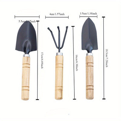 Juego de Herramientas para Jardín Miniatura de 3 Piezas - Mango de Madera, Pala Metálica para Plantar y Suculentas, Descompactación del Suelo, Envasado y Podado