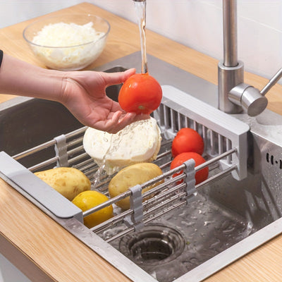 Rejilla para Secar Platos de Acero Inoxidable Expansible sobre el Fregadero, Cesta de Escorrentía Multifuncional Ajustable para Frutas y Verduras, Organizador Plegable para Lavado y Almacenamiento con Acabado Pulido, Estante para Secar Platos