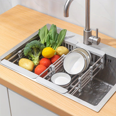 Rejilla para Secar Platos de Acero Inoxidable Expansible sobre el Fregadero, Cesta de Escorrentía Multifuncional Ajustable para Frutas y Verduras, Organizador Plegable para Lavado y Almacenamiento con Acabado Pulido, Estante para Secar Platos