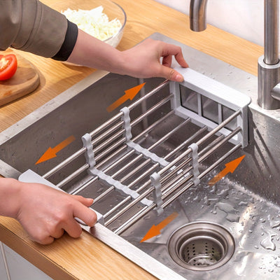 Rejilla para Secar Platos de Acero Inoxidable Expansible sobre el Fregadero, Cesta de Escorrentía Multifuncional Ajustable para Frutas y Verduras, Organizador Plegable para Lavado y Almacenamiento con Acabado Pulido, Estante para Secar Platos