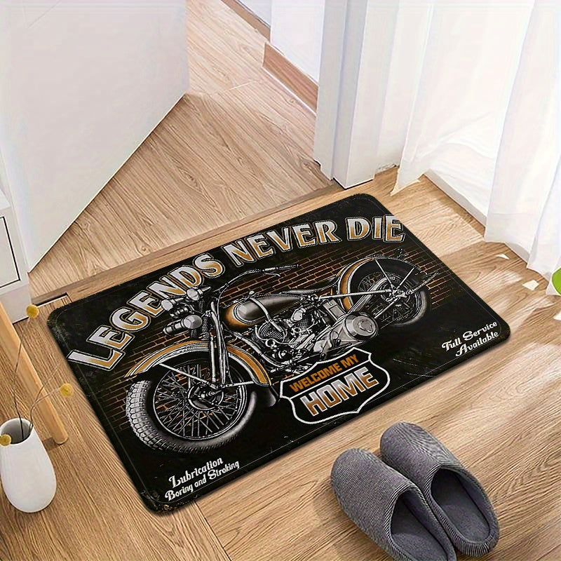Tapete de área inspirado en motociclistas: Negro con diseño de motocicleta, antideslizante, absorbente y duradero para uso en interiores - Cocina, baño, sala de estar, dormitorio