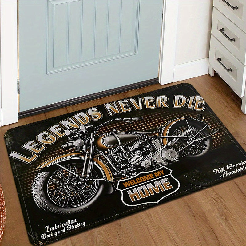 Tapete de área inspirado en motociclistas: Negro con diseño de motocicleta, antideslizante, absorbente y duradero para uso en interiores - Cocina, baño, sala de estar, dormitorio