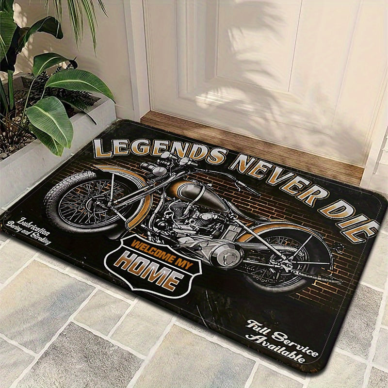 Tapete de área inspirado en motociclistas: Negro con diseño de motocicleta, antideslizante, absorbente y duradero para uso en interiores - Cocina, baño, sala de estar, dormitorio