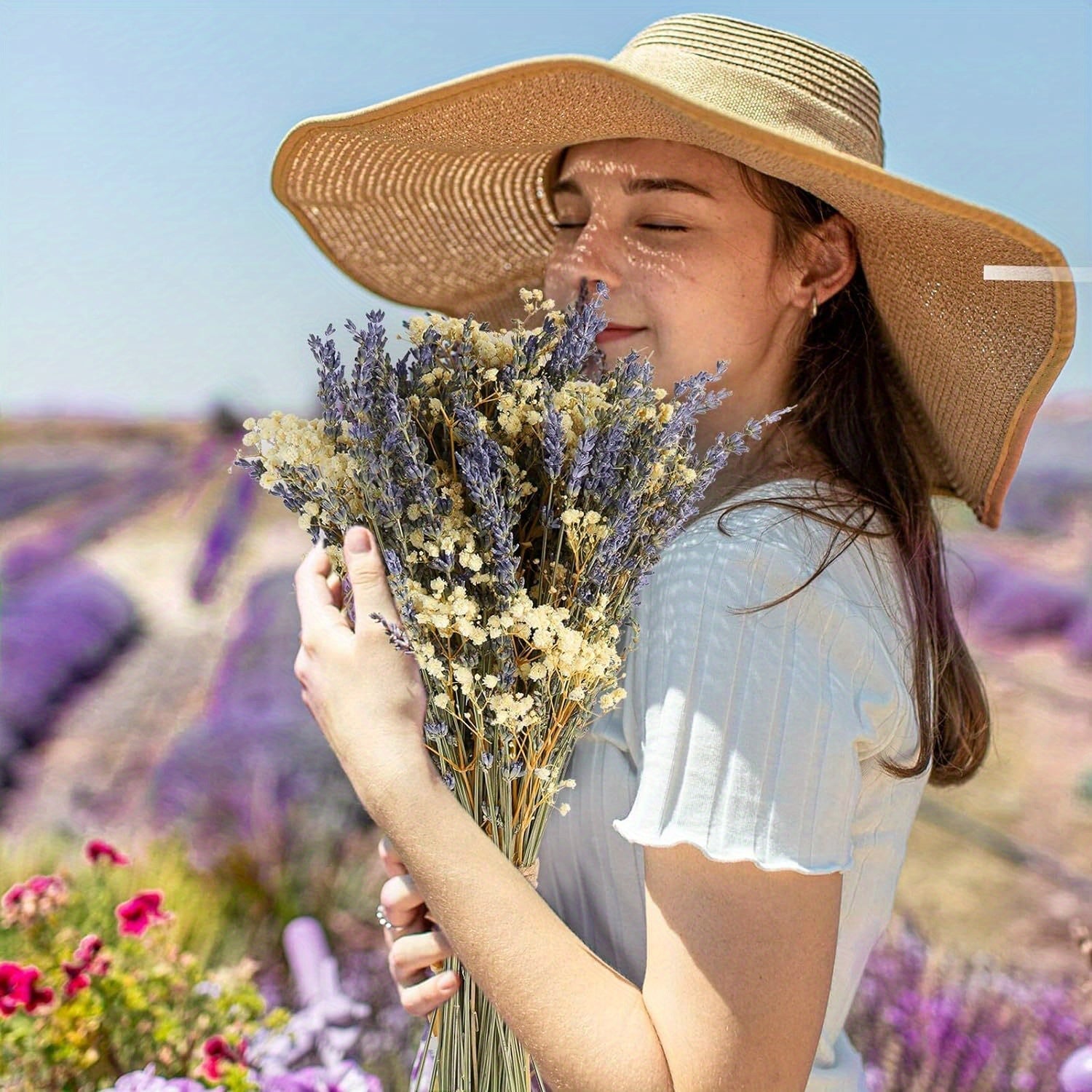 105 piezas de ramo de lavanda seca y gipsófila Boho - Estilo francés rústico de color púrpura y blanco, decoración duradera de plástico para exteriores/interiores, bodas, Navidad, Acción de Gracias, hogar y arreglos de regalos, centro de mesa sin manteni