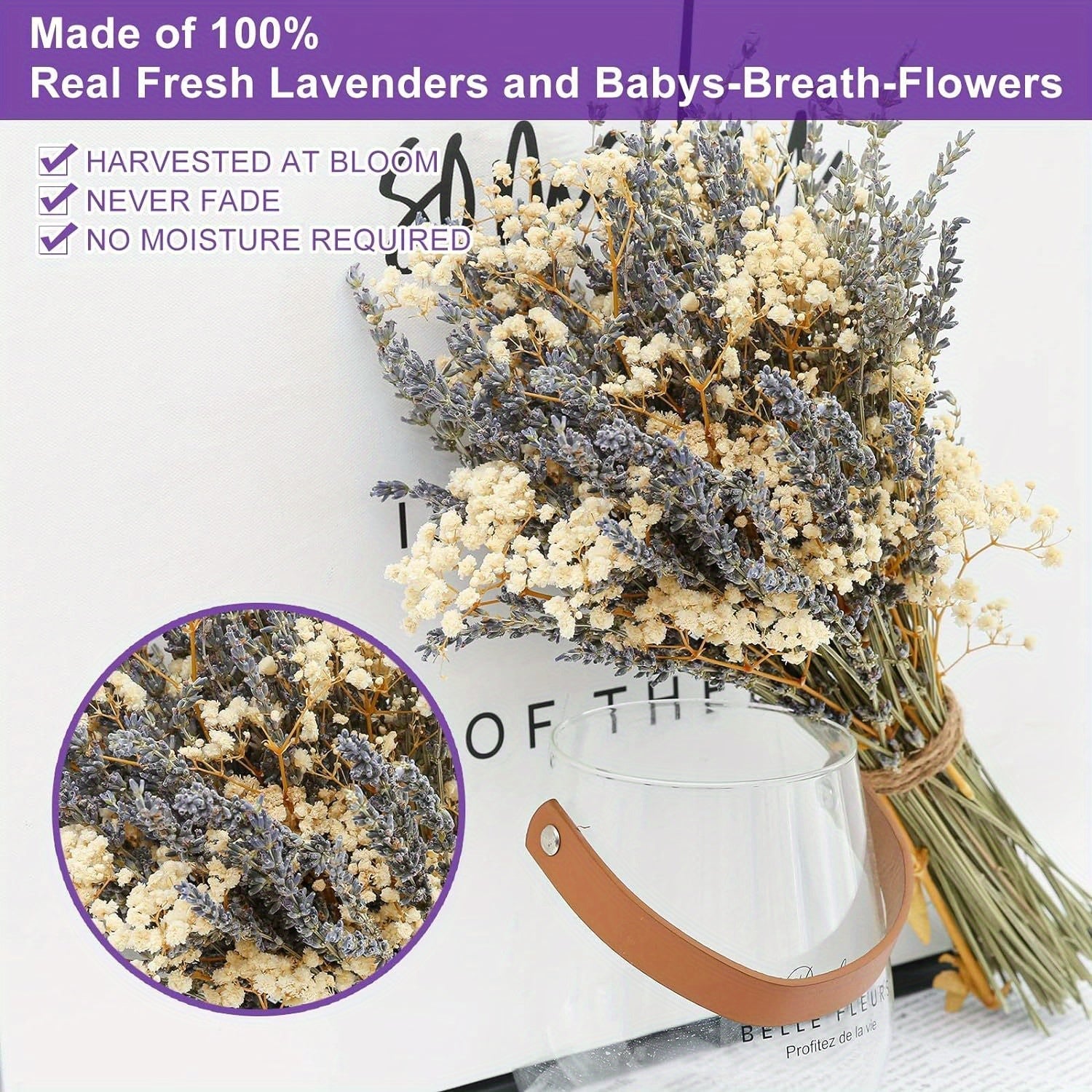 105 piezas de ramo de lavanda seca y gipsófila Boho - Estilo francés rústico de color púrpura y blanco, decoración duradera de plástico para exteriores/interiores, bodas, Navidad, Acción de Gracias, hogar y arreglos de regalos, centro de mesa sin manteni